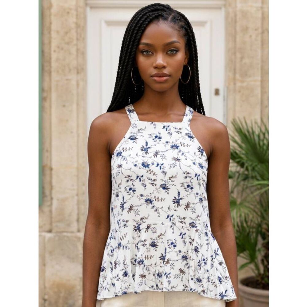 🔺️Doe & Rae White Floral Halter Neck Peplum Hem Sleeveless Top Small